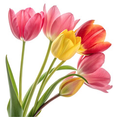 Vibrant pink, red, and yellow tulip isolated on white background