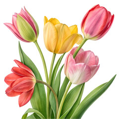 Vibrant pink, red, and yellow tulip isolated on white background