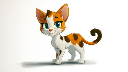Obraz premium A cartoon calico cat with a friendly smirk is standing isolated on a white background.