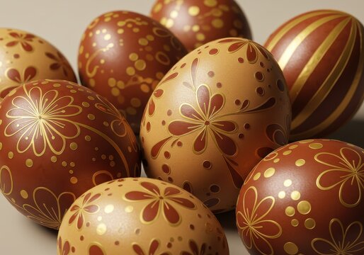 Golden floral decorated Easter eggs in brown and beige tones with ornate patterns and metallic textures in traditional festive style closeup composition for spring celebration visuals
