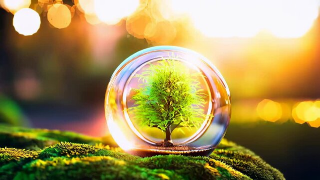Tiny vibrant green tree enclosed in a clear glass sphere resting on lush moss, surrounded by warm glowing bokeh lights from the setting sun. Concept of ecological protection and natural beauty