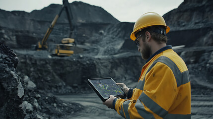 Mining worker surveying a mining site with a GPS tool. Featuring site surveying and technology use