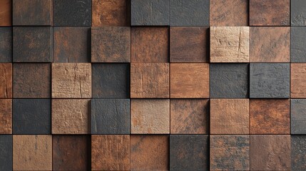 A wall made of wood blocks with a brown and black color scheme