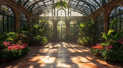 Large Victorian-style greenhouse with intricate glass ceiling, sunbeams casting dappled light on tropical plants 