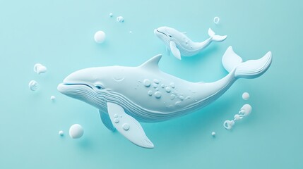 Fototapeta premium A serene scene featuring a mother whale and her calf swimming in a tranquil ocean. 3D soft pop