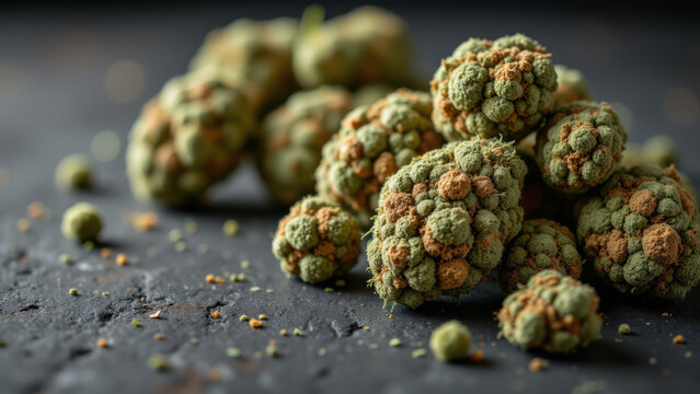 Close-up view of several THCAs, or tetrahydrocannabinolic acids, a common compound found in cannabis, resting on a dark surface.