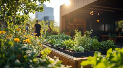 lush green urban rooftop garden with people growing vegetables, wooden planters, bee-friendly flowers, sunlight filtering through the leaves