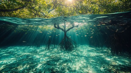 Lush mangrove forest with roots intertwining above crystal-clear water, exotic birds perched among the twisted branches, sunlight dappling the waterâ€™s surface, rich and biodiverse environment 