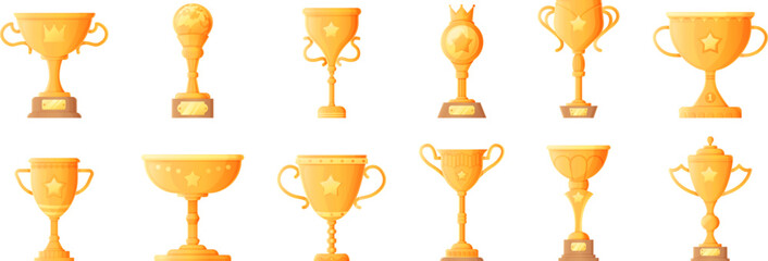 Collection of shiny golden trophy illustrations with unique designs and bases.