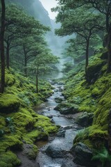 Obraz premium Lush rainforest scene with a small river winding through moss-covered rocks, mist rising from the water 