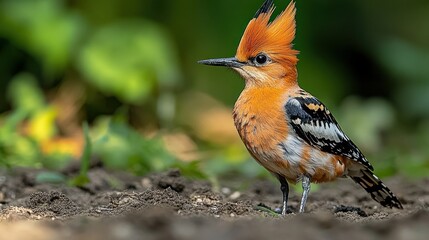 Colorful bird, perched on the ground.  Bright orange crest,  and black and white markings.  Natural habitat setting