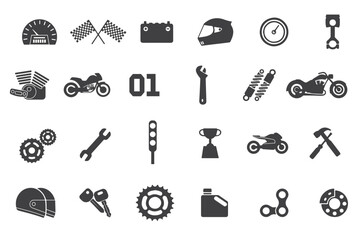 "A detailed collection of vector icons representing various motorbike parts and tools. Includes illustrations of helmets, engines, gears, spanners, wheels, and other motorcycle-related elements. 