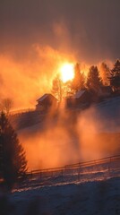 Fototapeta premium Winter cabin on snowy hill with glowing golden sunrise through trees.