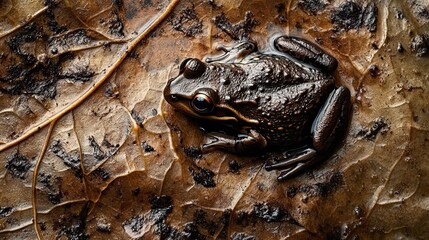 Obraz premium Frog sitting on a wet leaf in a spring pond, detailed texture, wildlife close-up photography 