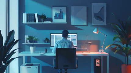 Man working on computer in a blue lit room with plants and shelves behind him at his desk space
