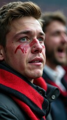 A close-up of a fan's face streaked with tears of disappointment, their team's scarf clutched tightly