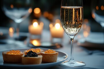 luxury dining setup with a candlelit table caviar appetizers and a glass of fine champagne soft ambient glow creating warmth 