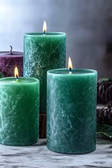 Scented Green Candles Burning Calm Relaxation Spa