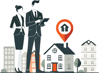 Real Estate Agents Discussing Property Purchase . Real estate investment sales .The image features a professional woman holding a tablet .