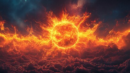 Fototapeta premium Fiery Sun Amidst Nebulous Clouds And Dark Sky Artistic Photo