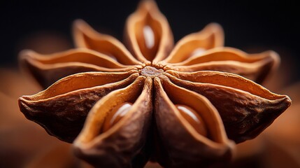 Close up of star anise showing its intricate structure and seeds