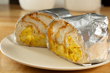 A closeup view of a chicken breakfast burrito.