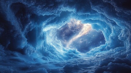 majestic ice cave interior glowing blue tones translucent textures otherworldly frozen landscape diffused natural light 