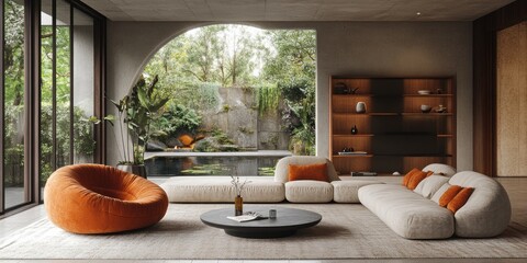 Modern luxury living room design with outdoor pool view, cozy seating area, natural light, and stylish furniture.