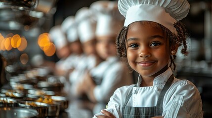 Young aspiring chef smiles confidently in culinary class, surrounded by peers wearing traditional chef hats in the kitchen.