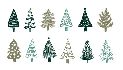Christmas tree set on white, hand drawn illustration