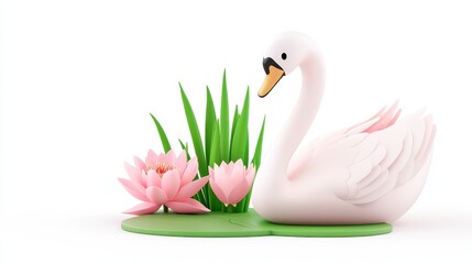 Obraz premium Pink Swan Figurine On Lily Pad With Water Lilies And Grass