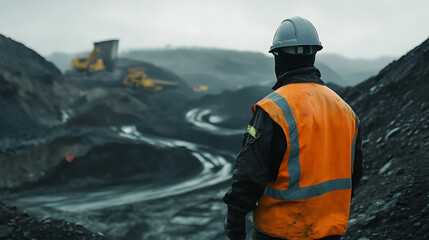 Mining worker walking through a mining site with safety gear. Featuring site navigation and protective equipment