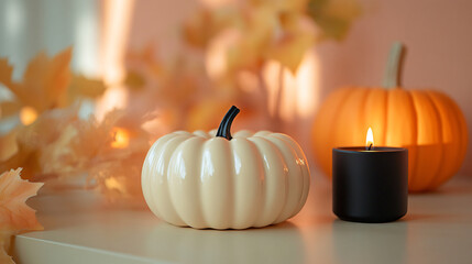 Ceramic Pumpkin and Orange Candle on Black Surface