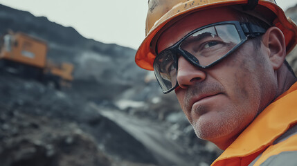 Fototapeta premium Mining worker wearing safety gear at a mining site. Featuring personal protection and site safety