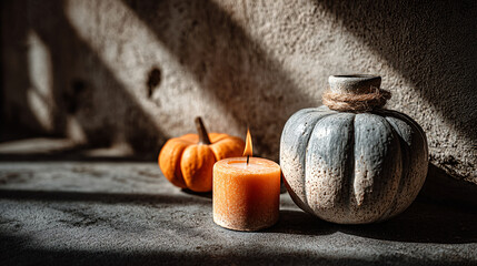 Ceramic Pumpkin and Orange Candle on Black Surface, Halloween 2025