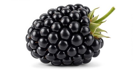 A hyper-detailed macro shot of a fresh blackberry with dewdrops highlighting its glossy texture and intricate structure