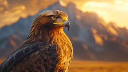 Golden eagle posing with majestic mountain range at sunset