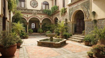 Naklejka premium Mediterranean interior courtyard with lush greenery, intricate tile work, and a serene fountain centerpiece. 
