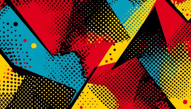 Abstract pop art design with red, yellow, blue, and black geometric shapes and halftone dots