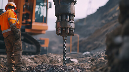 Operator controlling a drilling machine to extract ore at a mining site. Featuring drilling operation and ore extraction