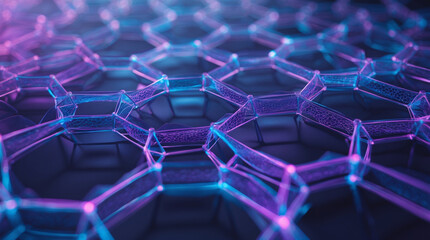 Obraz premium A mesmerizing network of interconnected hexagons glows with vibrant purple and blue light, creating a captivating abstract pattern of futuristic energy and interconnectedness.
