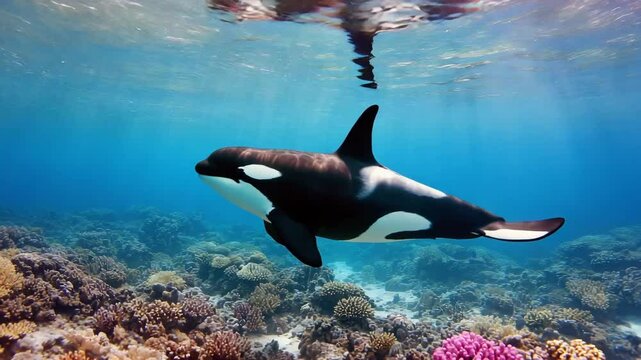 Orca Swimming Gracefully Over a Colorful Coral Reef