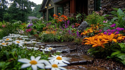 Vibrant garden path lined with colorful flowers and stone. Lush landscaping with diverse blooms in a residential setting