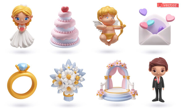 Wedding, 3d cartoon icon set. Bride, cake, cupid, invitation, ring, bouquet, wedding arch, groom