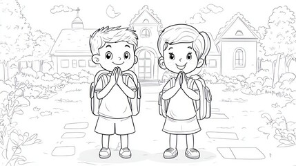 Children Praying Outside School, Educational Illustration