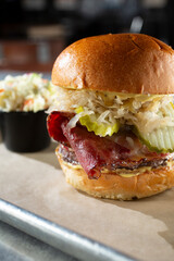 A view of a pastrami burger.