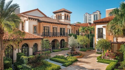 Naklejka premium Mediterranean villa exterior featuring terracotta roof tiles, stucco walls, and a sun-dappled courtyard. 