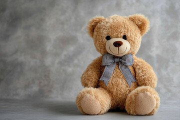 Obraz premium Cute plush teddy bear with a soft texture against a pastel grey background for cozy vibes