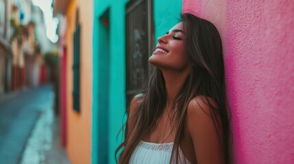 Fototapeta premium Portrait of a young woman with long hair, standing against a colorful wall, wearing a white dress.