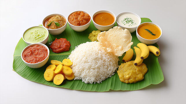 South Indian Meal Served on a Green Banana Leaf with Assorted Dishes and Authentic Flavors
